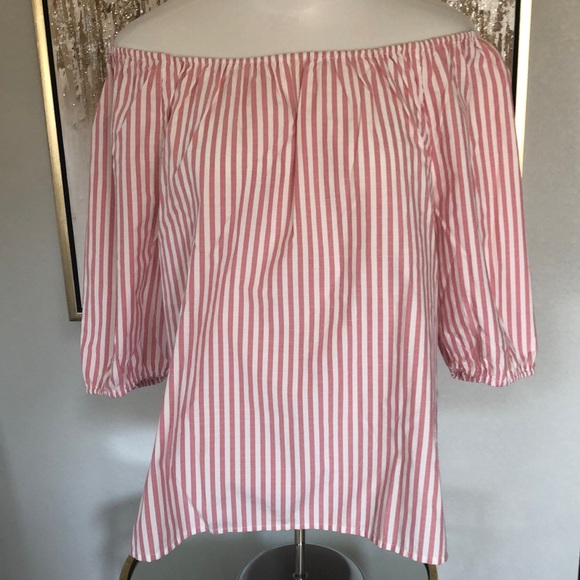 LOFT OFF SHOULDER PINK AND WHITE STRIPE SHORT SLEEVE TOP - Picture 3 of 8